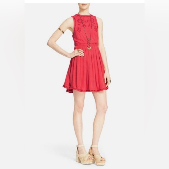 Free People Coral Birds Of A Feather Embroidered Sleeveless Mini Dress 6 - Picture 3 of 12